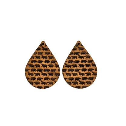 Wood Earrings - Bear Pattern Engraved Teardrop Wood Earrings - Dangle Earrings - Anniversary Gift Full Walking Bear