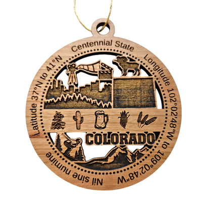 Colorado Wood Ornament - CO Souvenir - Handmade Wood Ornament Made in USA State Shape Movie Clapper City Skyline Trees Downhill Skier