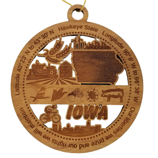 Iowa Wood Ornament - IA Souvenir - Handmade Wood Ornament Made in USA State Shape Tractor Barn Wind Turbines Pig Acorn Bicyclist