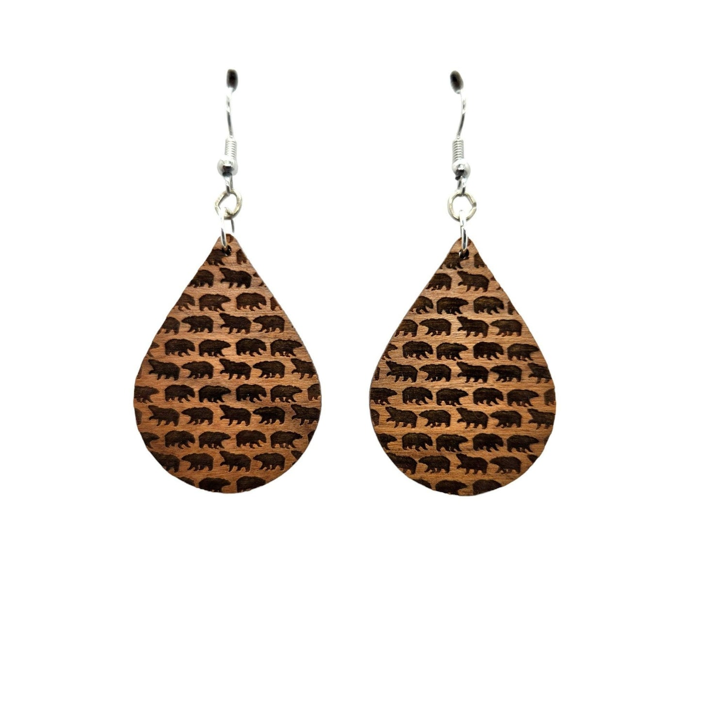 Wood Earrings - Floral Rectangle Shape Engraved Wood Drop Earrings - Dangle Earrings - Gift Flowers Leaves Stems