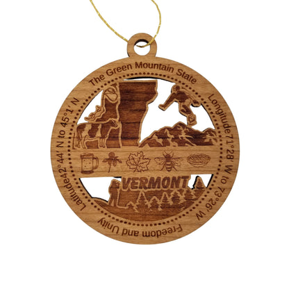 Vermont Wood Ornament - VT Souvenir - Handmade Wood Ornament Made in USA State Shape Cow Snowboarder Bee Pie Beer Stein Maple Leaf