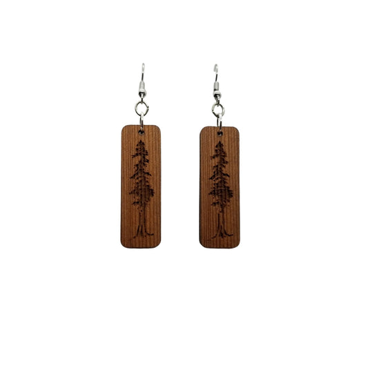 Wholesale Redwood Earrings - Engraved Tree Rectangle Wood Earrings - California Redwood Dangle Earrings - CA Souvenir Keepsake