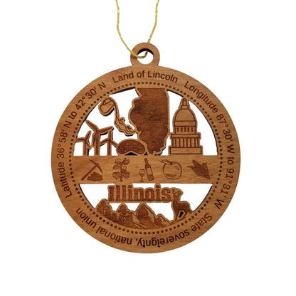 Illinois Wood Ornament -  IL Souvenir - Handmade Wood Ornament Made in USA State Shape Wind Turbines Capitol Building Mining Wine Deer