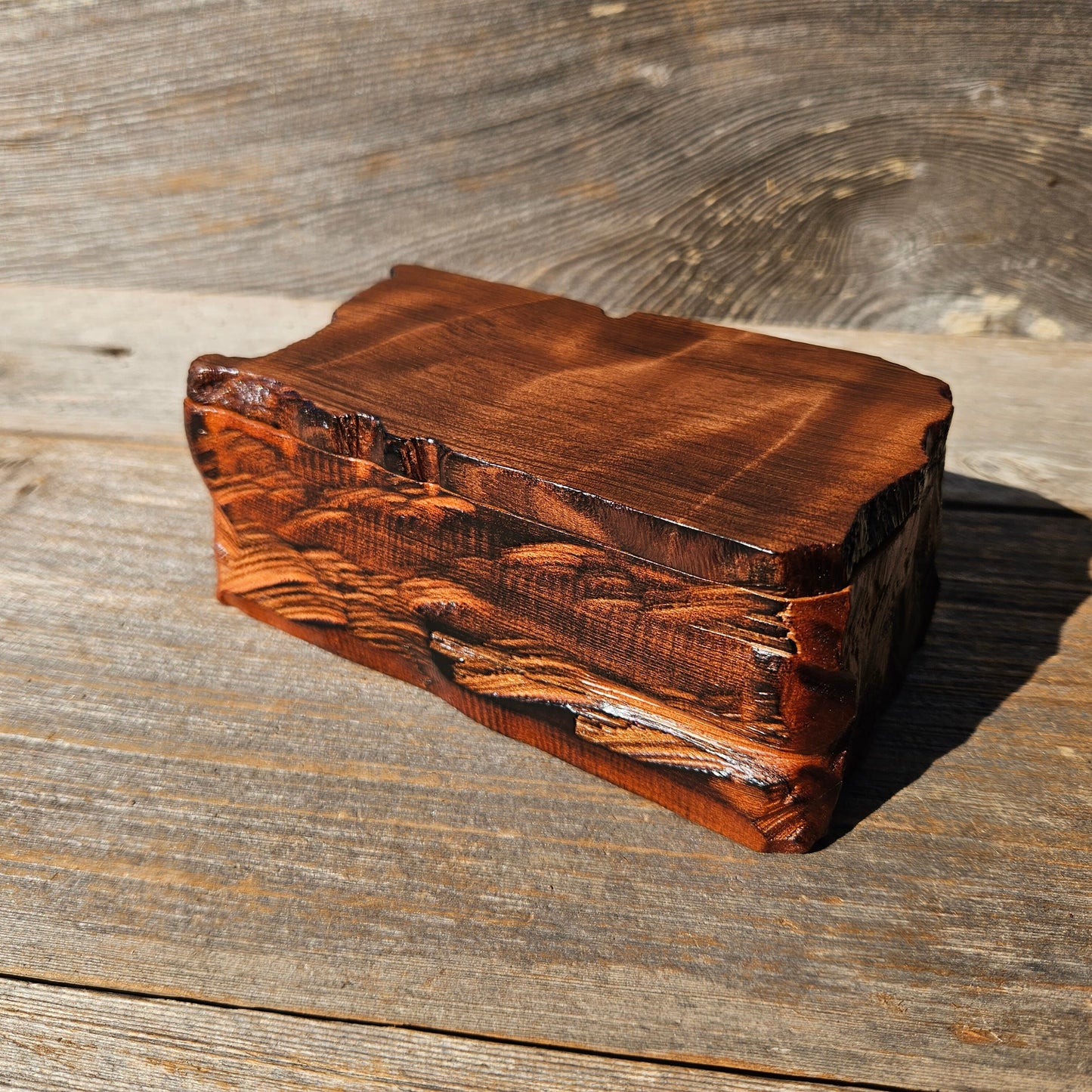 Redwood Jewelry Box Curly Wood Engraved Rustic Handmade California #661 Memento Box Dad Gift Trinkets Memories Stash Mens Valet