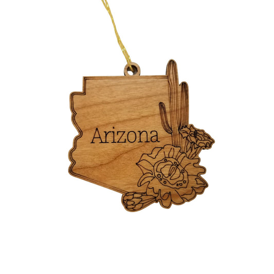 Wholesale Arizona Wood Ornament -  AZ State Shape with State Flowers Saguaro Cactus Blossoms - Handmade Wood Souvenir