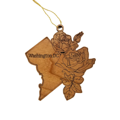 Washington DC Wood Ornament -  DC State Shape with State Flowers American Beauty Rose - Handmade Wood Ornament Made in USA Christmas Decor