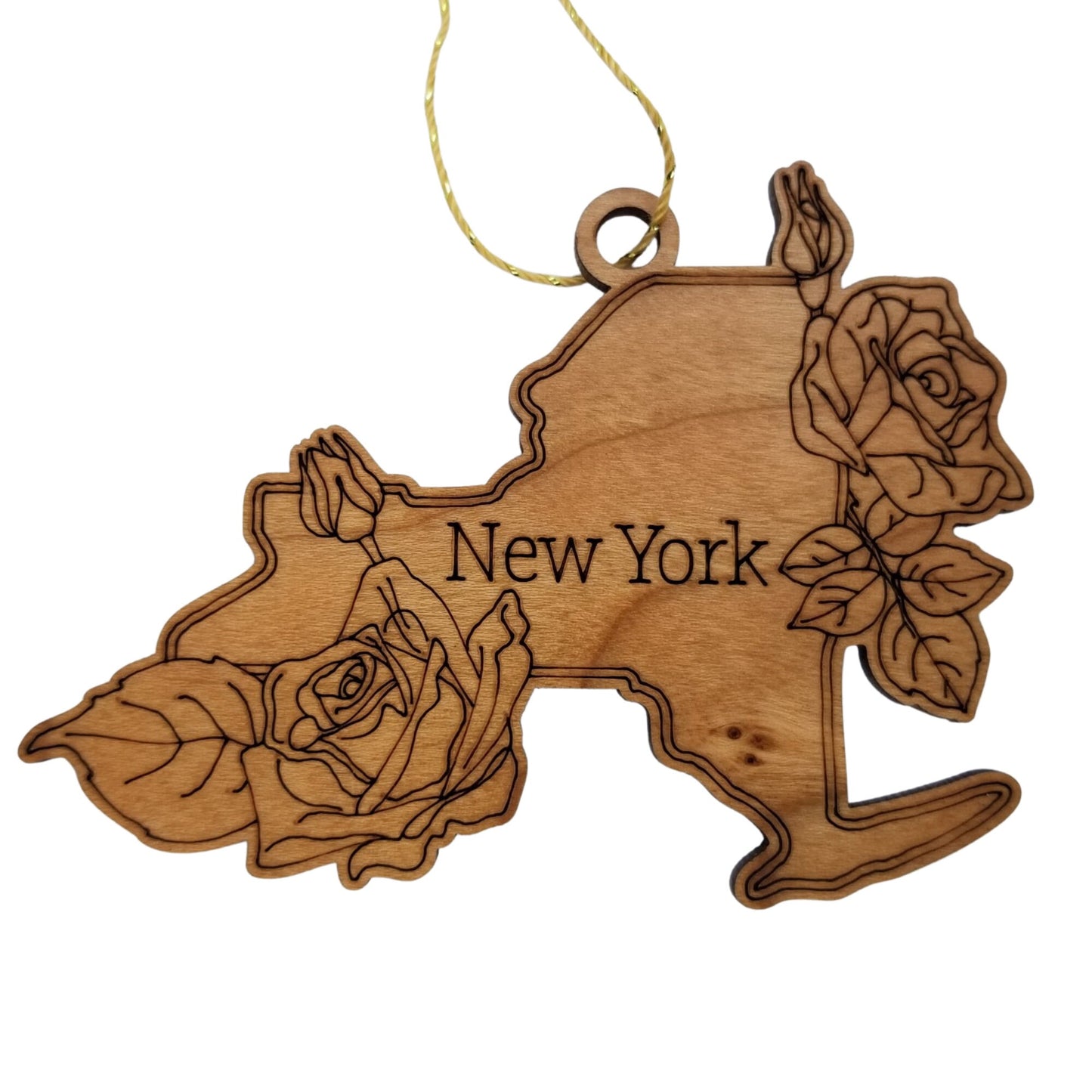 New York Wood Ornament -  NY State Shape with State Flowers Roses - Handmade Wood Ornament Made in USA Christmas Decor