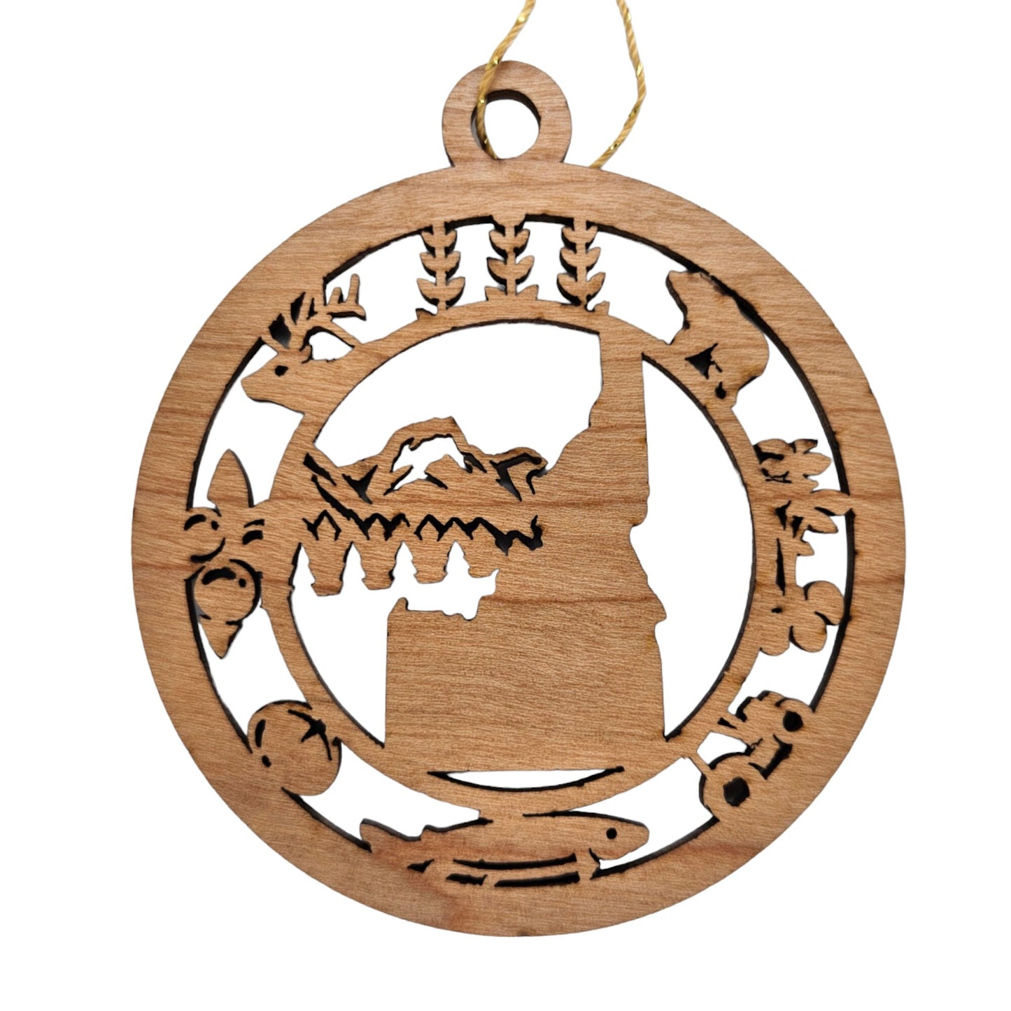 Idaho Wood Ornament - ID  Souvenir - Handmade Wood Ornament Made in USA State Shape Wheat Bear Potato Plant Tractor Trout