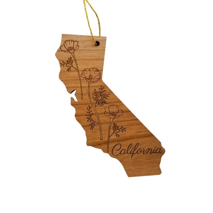 California Wood Ornament -  State Shape with State Flowers Poppies CA - Handmade Wood Ornament Made in USA Christmas Decor