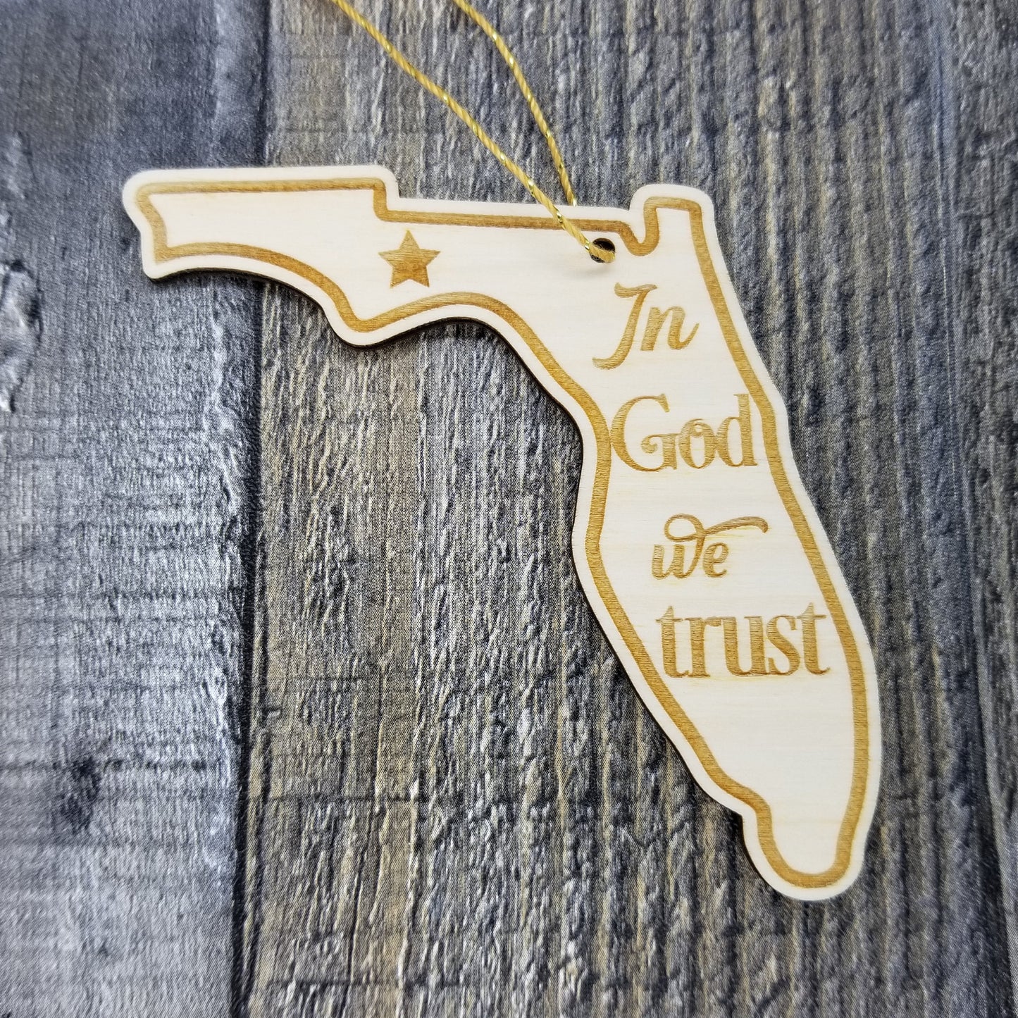 Florida Wood Ornament -  FL State Shape with State Motto - Handmade Wood Ornament Made in USA Christmas Decor