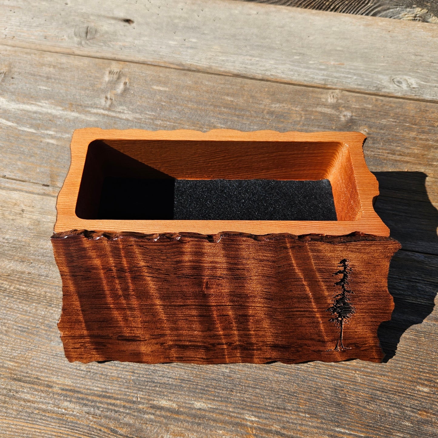 Handmade Wood Box with Redwood Tree Engraved Rustic Handmade Curly Wood #594 California Redwood Jewelry Box Storage Box