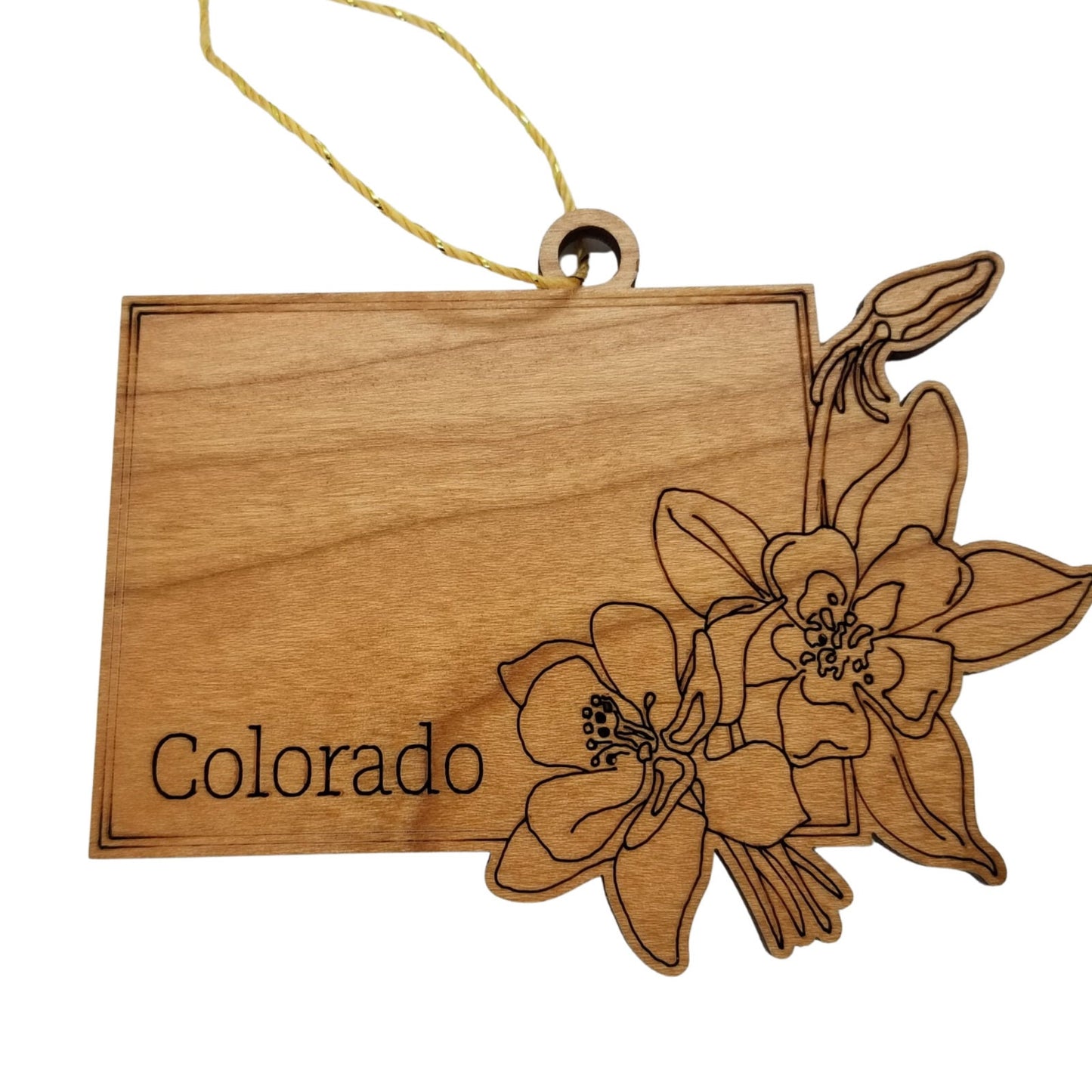 Wholesale Colorado Wood Ornament -  CO State Shape with State Flowers Colorado Blue Colulmbine - Handmade Wood Souvenir