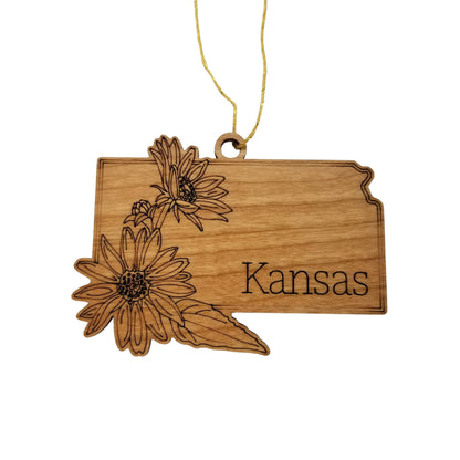 Kansas Wood Ornament -  KS State Shape with State Flowers Wild Sunflowers - Handmade Wood Ornament Made in USA Christmas Decor