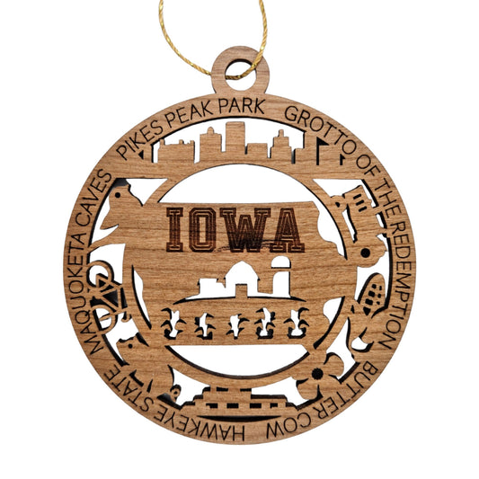 Iowa Wood Ornament - IA Souvenir Handmade Wood Ornament Made in USA - State Shape - Skyline - Gold Finch - Bicycle - Pig - Ferry