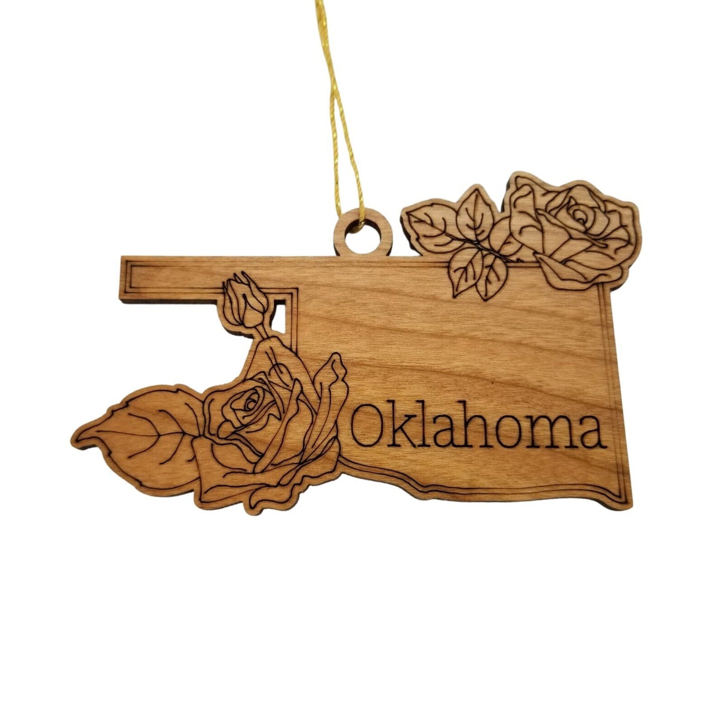 Oklahoma Wood Ornament -  OK State Shape with State Flowers Oklahoma Rose - Handmade Wood Ornament Made in USA Christmas Decor