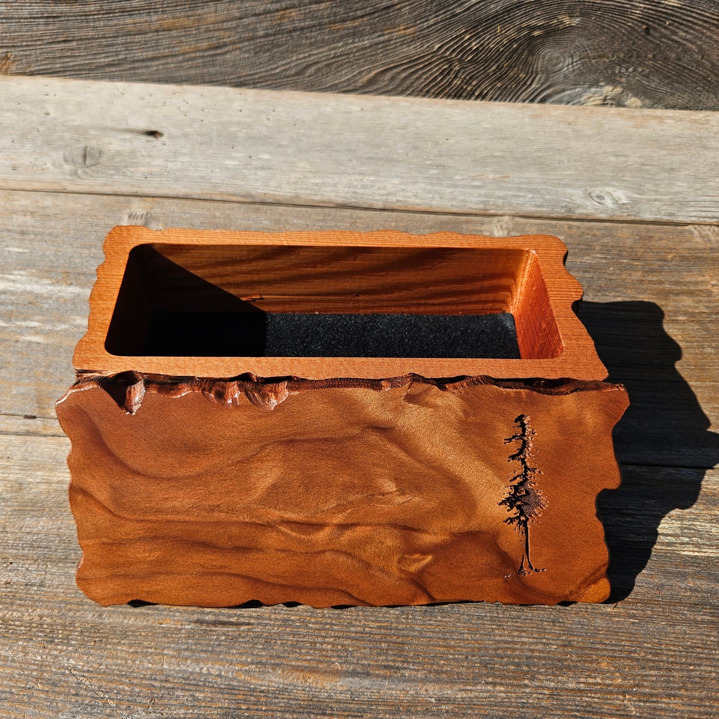 Handmade Wood Box with Redwood Tree Engraved Rustic Handmade Curly Wood #597 California Redwood Jewelry Box Storage Box