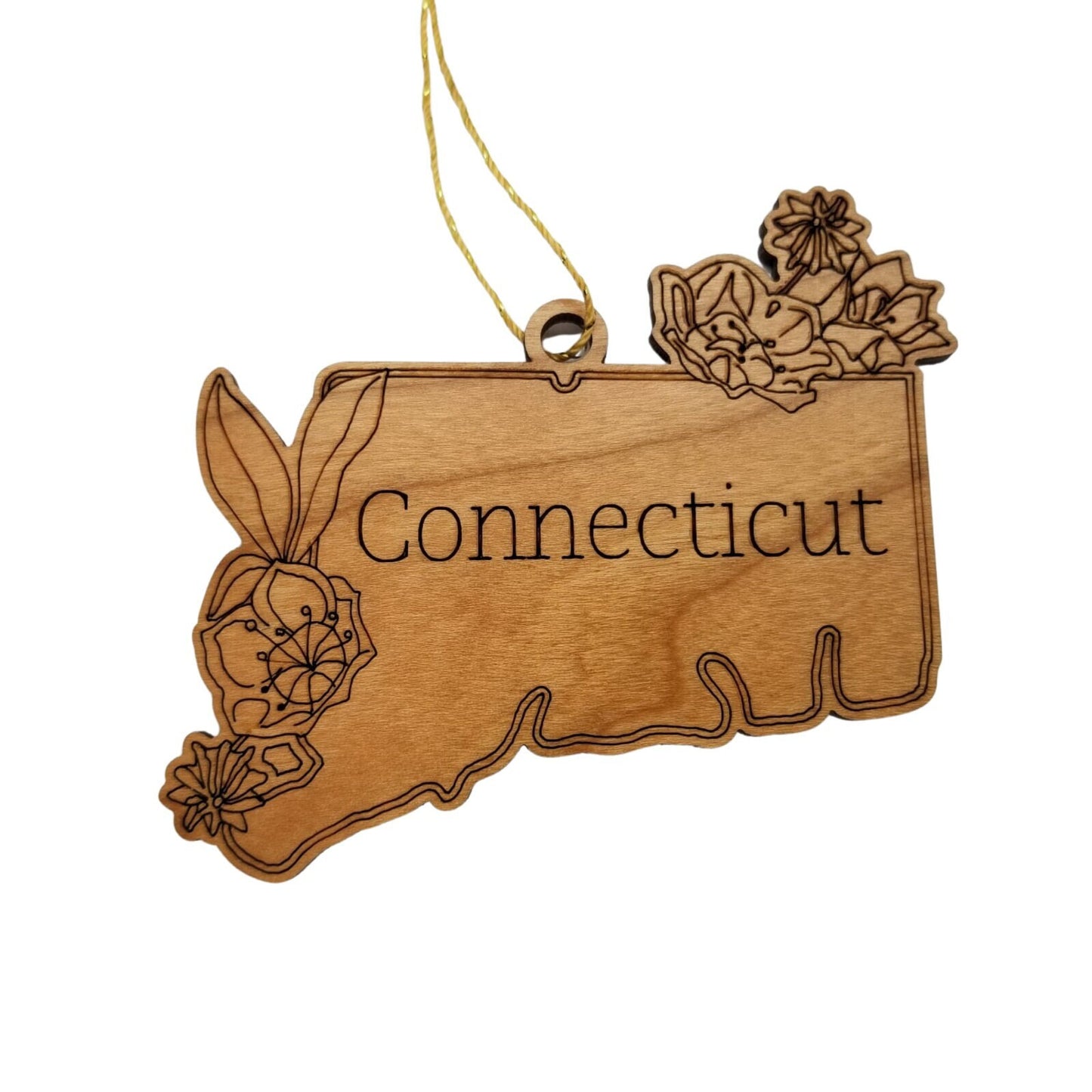 Connecticut Wood Ornament -  CT State Shape with State Flowers Mountain Laurel - Handmade Wood Ornament Made in USA Christmas Decor