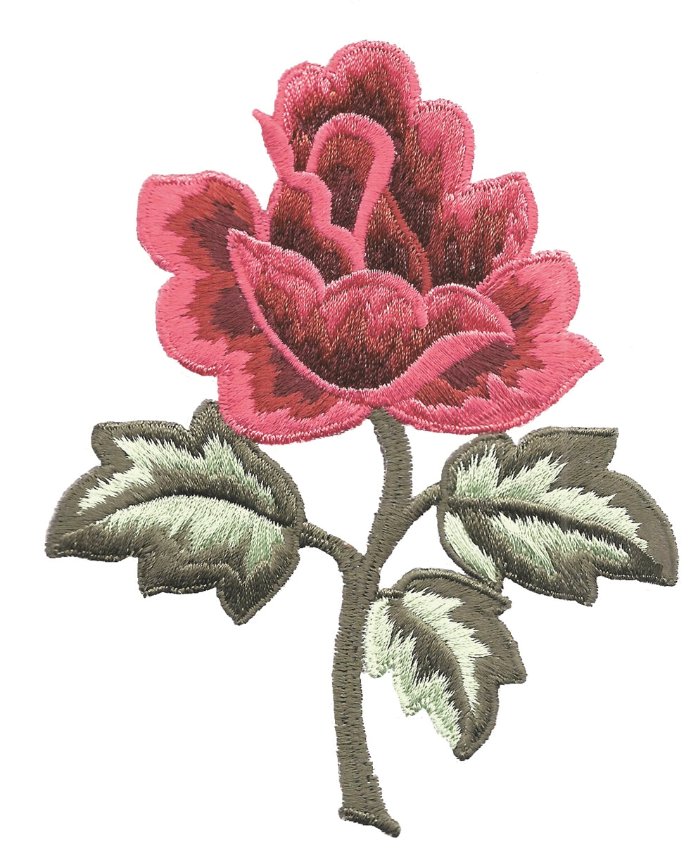 rose & leaves embroidered patch: 4.625 tall x 3.75" wide - 8313