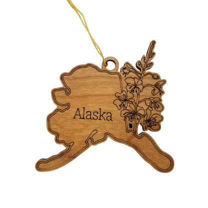 Wholesale Alaska Wood Ornament -  AK State Shape with State Flowers Forget Me Nots - Handmade Wood Souvenir