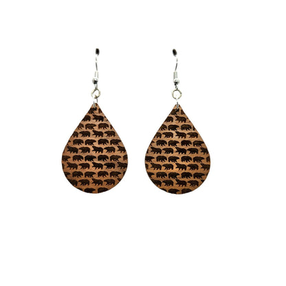 Wholesale Wood Earrings - Bear Pattern Engraved Teardrop Wood Earrings - Dangle Earrings Full Walking Bear