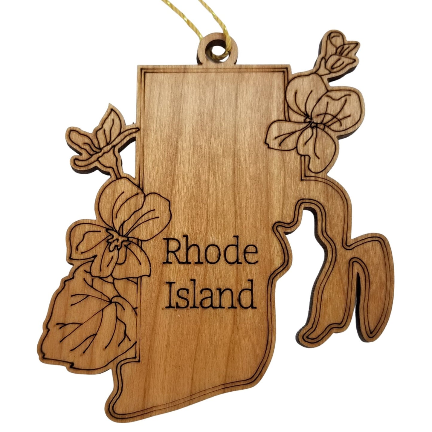 Rhode Island Wood Ornament -  RI State Shape with State Flowers Common Blue Violets - Handmade Wood Ornament Made in USA Christmas Decor