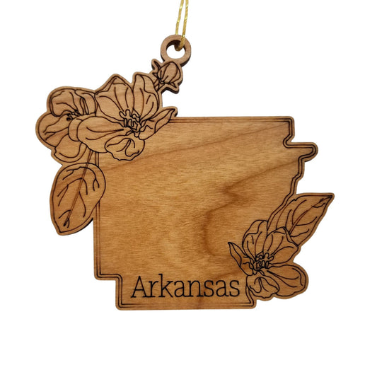 Wholesale Arkansas Wood Ornament -  AR State Shape with State Flowers Apple Blossoms - Handmade Wood Souvenir