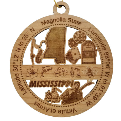 Mississippi Wood Ornament - MS Souvenir - Handmade Wood Ornament Made in USA State Shape Fishing Pole Gambling Slot Machine Cards