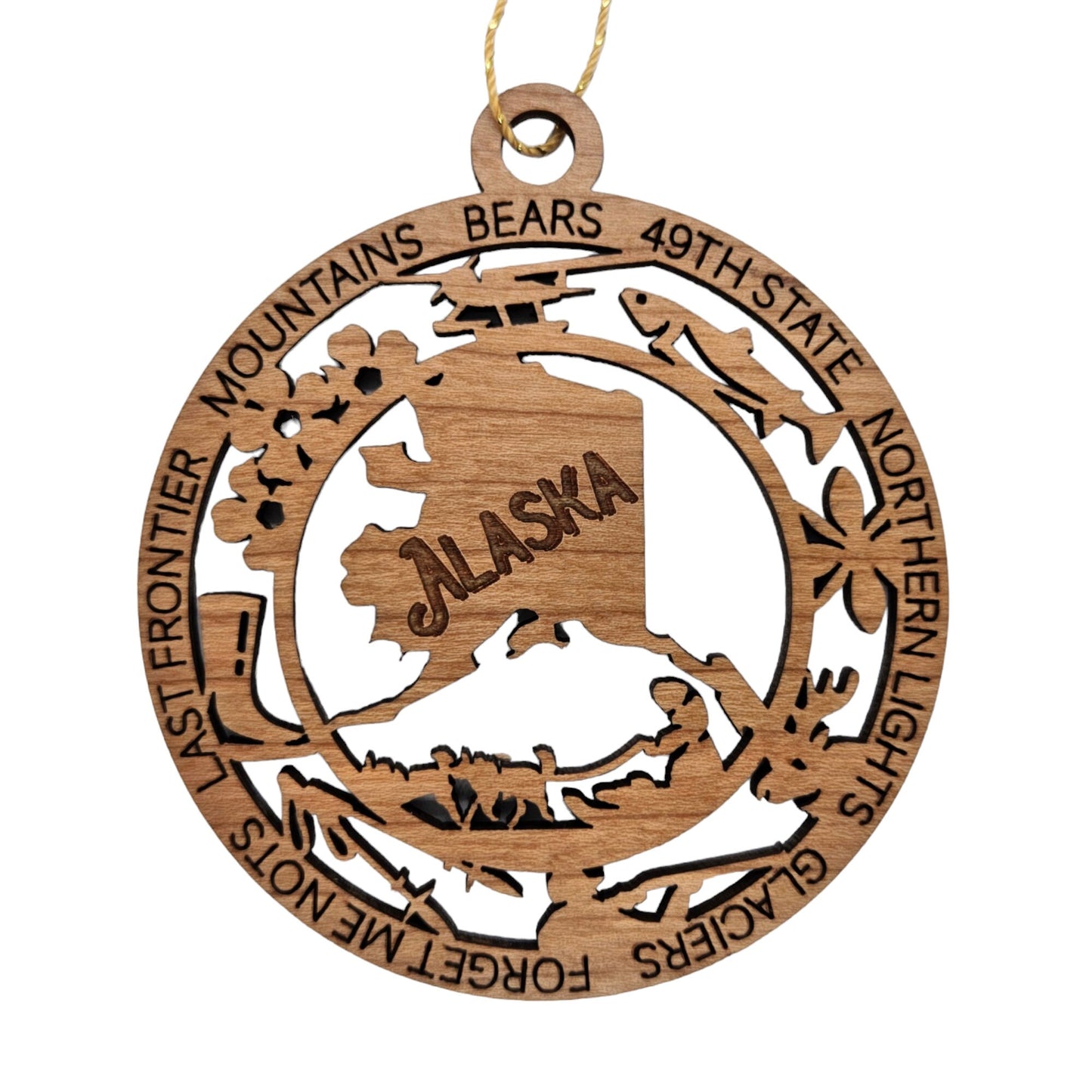 Alaska Wood Ornament - AK Souvenir - Handmade Wood Ornament Made in USA State Shape Bush Plane Dog Sleds Hunting Salmon Forget Me Nots