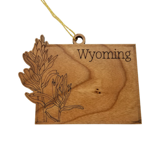 Wholesale Wyoming Wood Ornament -  WY State Shape with State Flowers Indian Paintbrush - Handmade Wood Souvenir