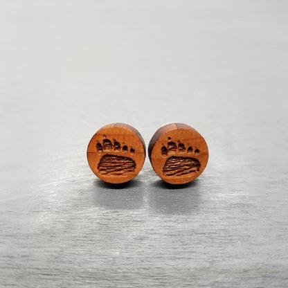 Bear Paw Earrings - Wood Earrings - Stud Earrings - Souvenir Keepsake - Post Earrings - Black Bear Tracks