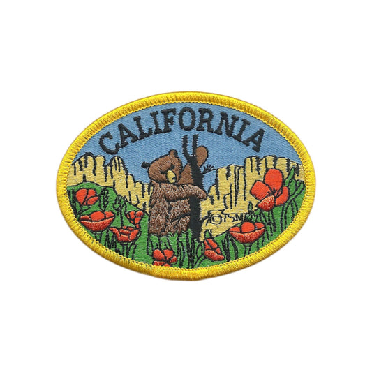 California Bear and Poppies Souvenir Embroidered Patch Iron On - CA-59