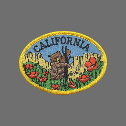 California Bear and Poppies Souvenir Embroidered Patch Iron On - CA-59