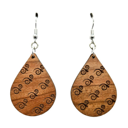 Wholesale Wood Earrings - Abstract Swirl Pattern Engraved Teardrop Wood Earrings - Dangle Earrings