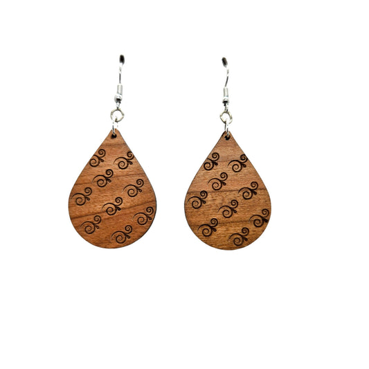 Wholesale Wood Earrings - Abstract Swirl Pattern Engraved Teardrop Wood Earrings - Dangle Earrings