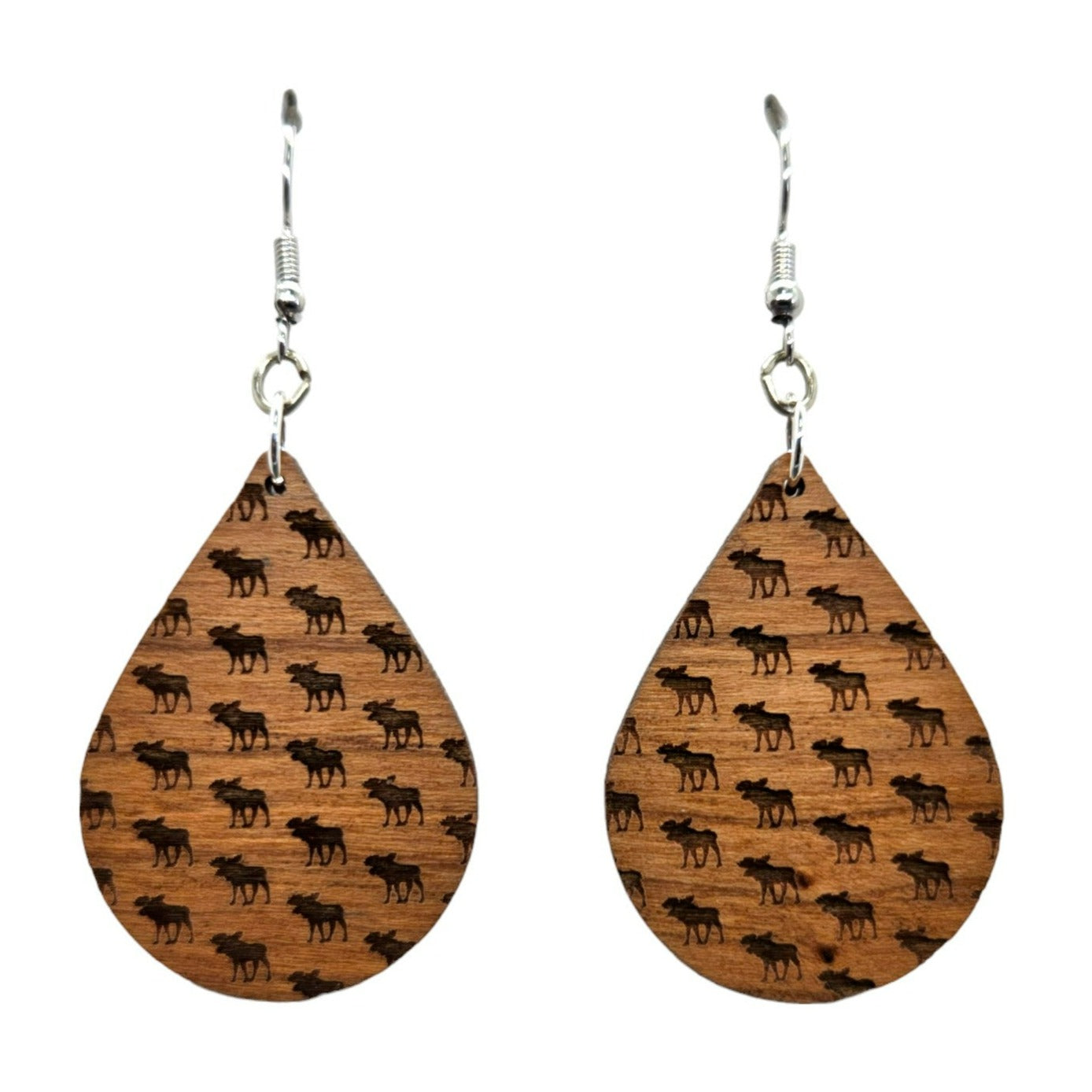 Wholesale Wood Earrings - Moose Pattern Engraved Teardrop Wood Earrings - Dangle Earrings - Full Walking Moose