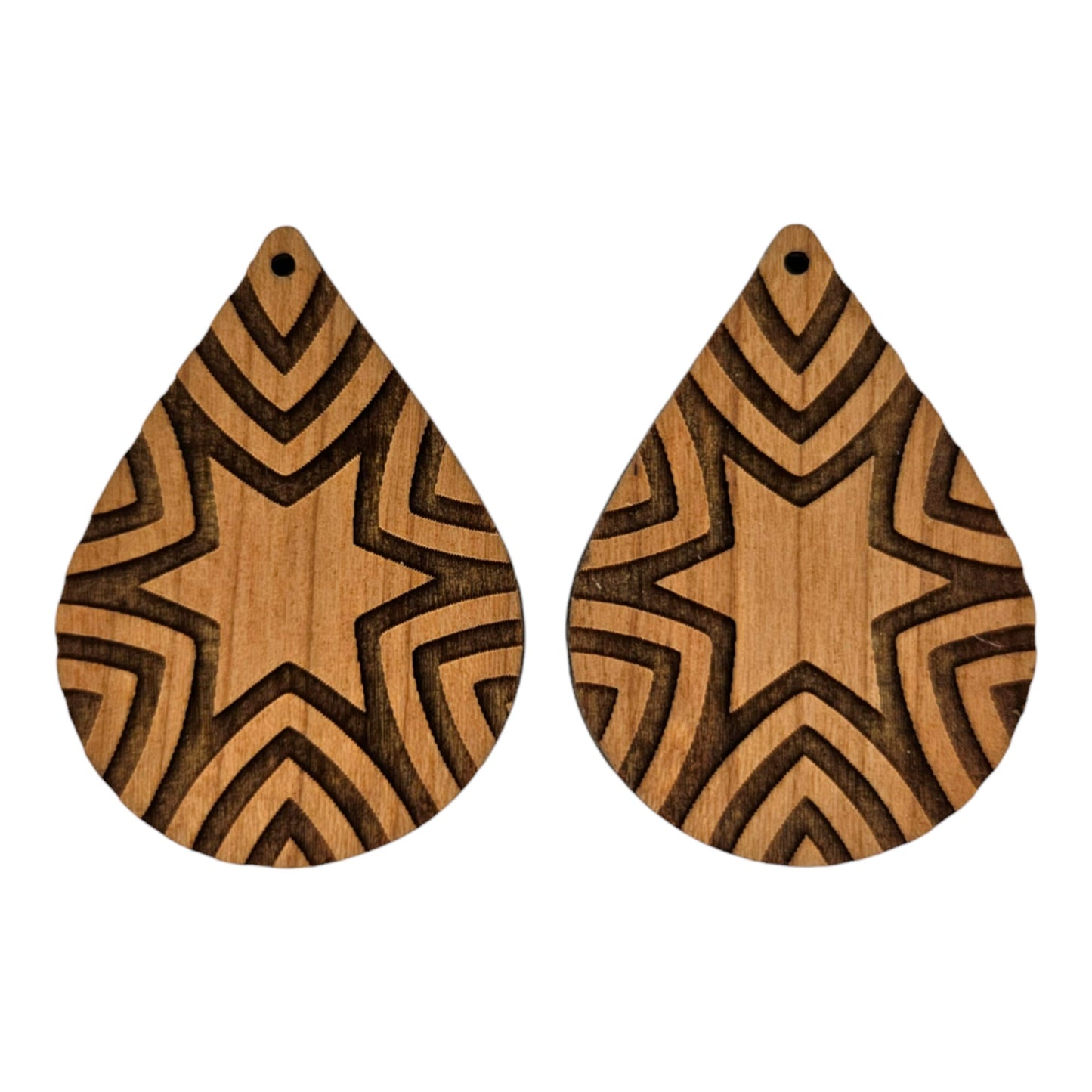 Wood Earrings - Abstract Star Rays Pattern Engraved Teardrop Wood Earrings - Dangle Earrings - Anniversary Gift Starburst