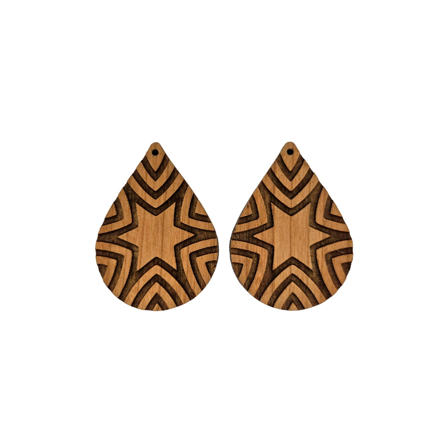 Wood Earrings - Abstract Star Rays Pattern Engraved Teardrop Wood Earrings - Dangle Earrings - Anniversary Gift Starburst