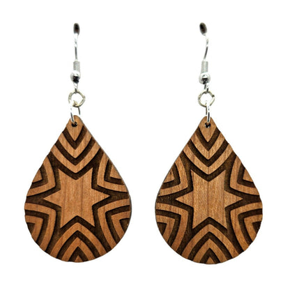 Wholesale Wood Earrings - Abstract Star Rays Pattern Engraved Teardrop Wood Earrings - Dangle Earrings