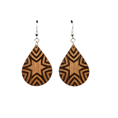 Wood Earrings - Abstract Star Rays Pattern Engraved Teardrop Wood Earrings - Dangle Earrings - Anniversary Gift Starburst