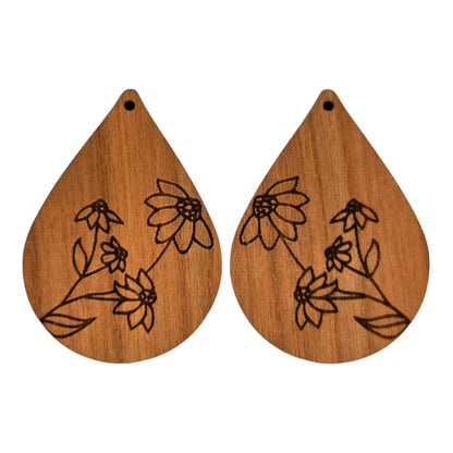 Wood Earrings - Black Eyed Susan Floral Flower Engraved Teardrop Wood Earrings - Dangle Earrings - Gift