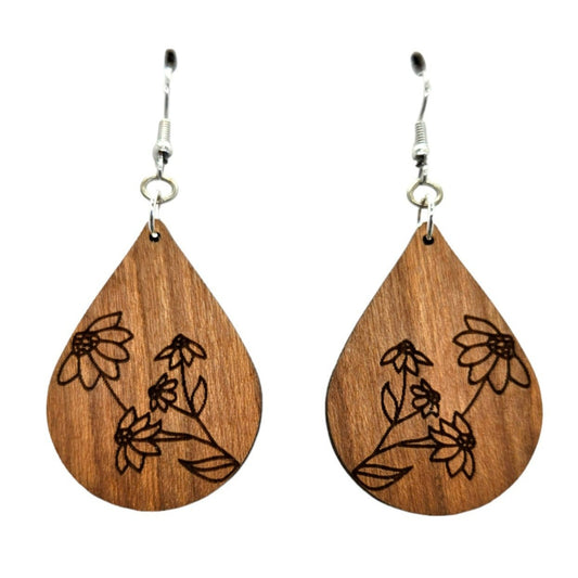 Wood Earrings - Black Eyed Susan Floral Flower Engraved Teardrop Wood Earrings - Dangle Earrings - Gift