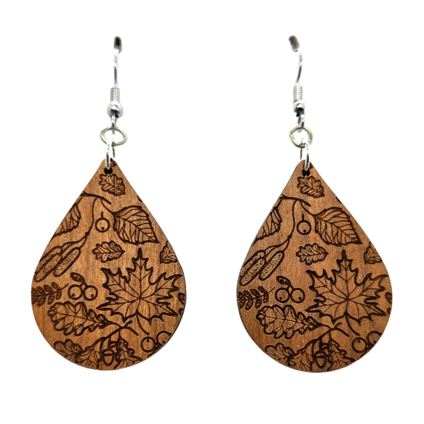 Wood Earrings - Fall Leaves Engraved Teardrop Wood Earrings - Dangle Earrings - Gift