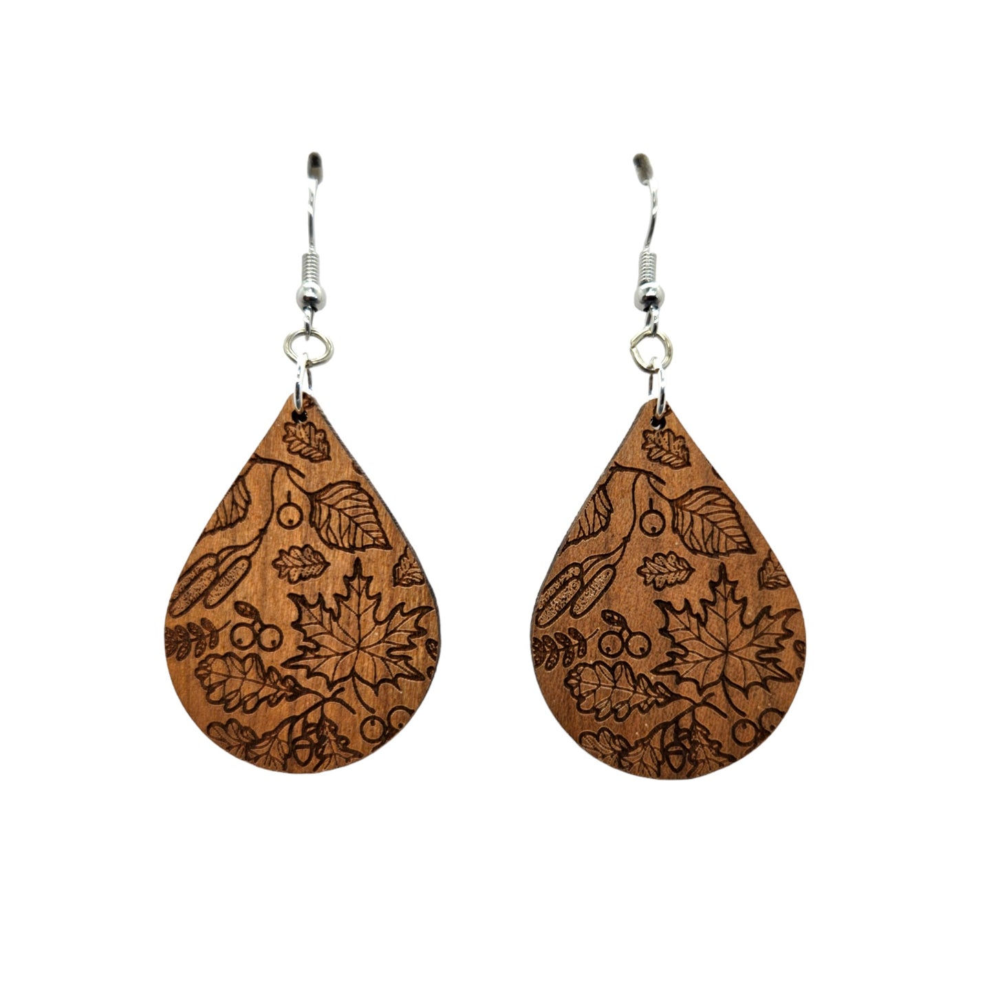 Wood Earrings - Fall Leaves Engraved Teardrop Wood Earrings - Dangle Earrings - Gift