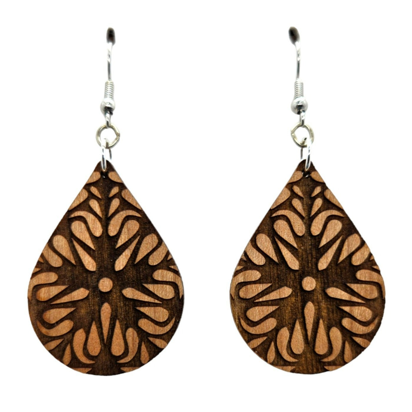 Wood Earrings - Flower Floral Mandala Engraved Teardrop Wood Earrings - Dangle Earrings - Gift