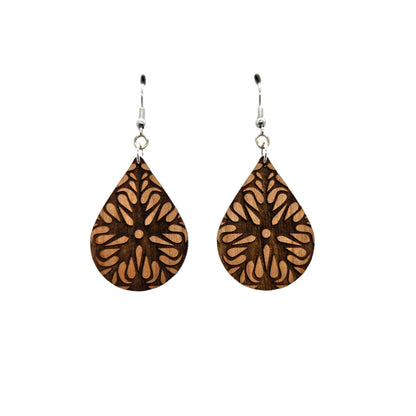 Wood Earrings - Flower Floral Mandala Engraved Teardrop Wood Earrings - Dangle Earrings - Gift