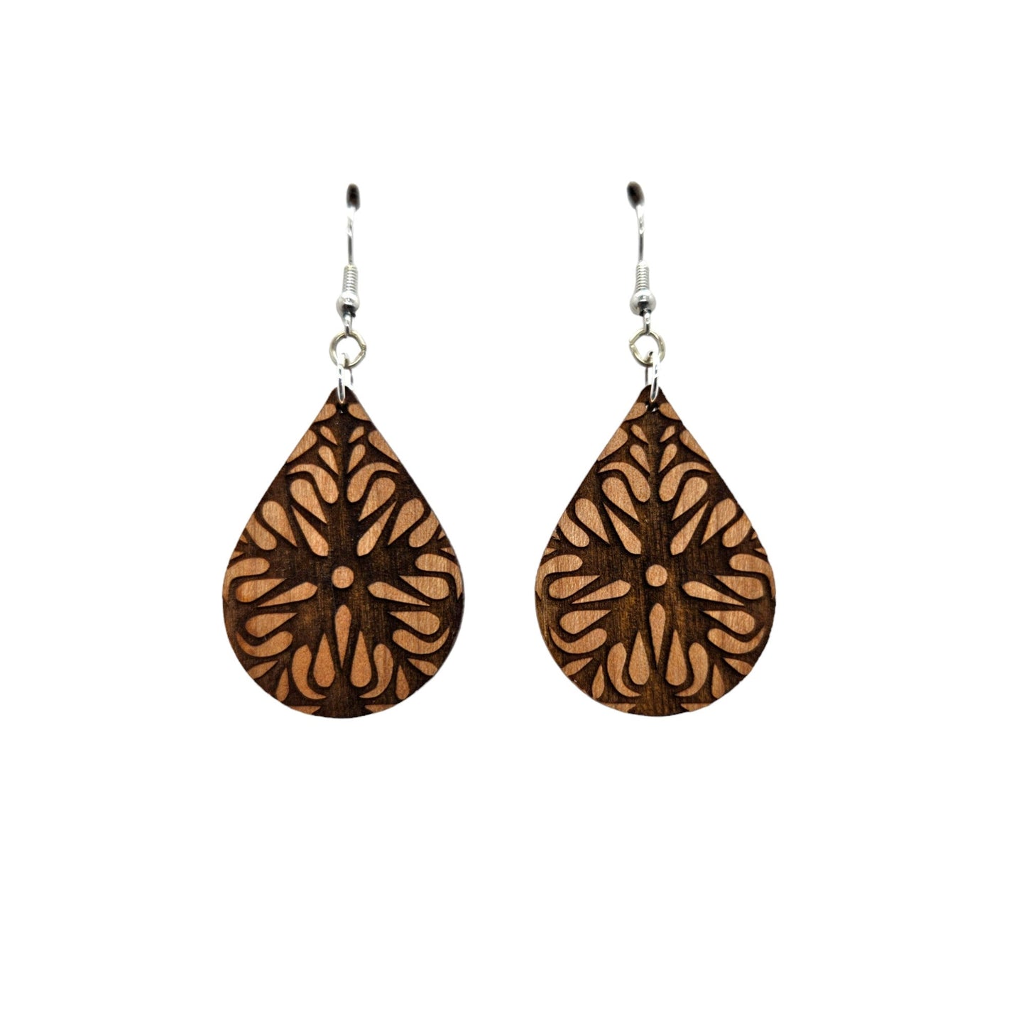 Wholesale Wood Earrings - Flower Floral Mandala Engraved Teardrop Wood Earrings - Dangle Earrings