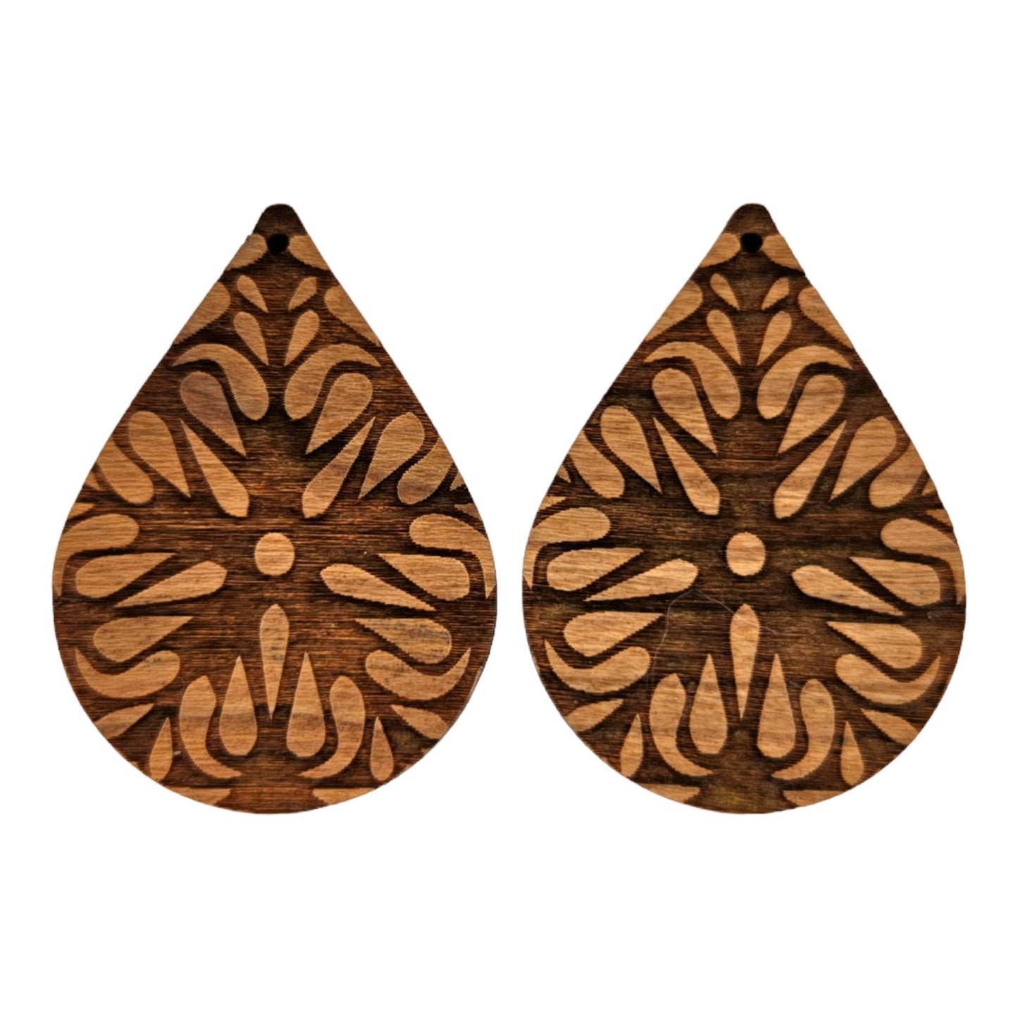 Wholesale Wood Earrings - Flower Floral Mandala Engraved Teardrop Wood Earrings - Dangle Earrings