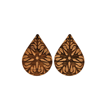 Wood Earrings - Flower Floral Mandala Engraved Teardrop Wood Earrings - Dangle Earrings - Gift