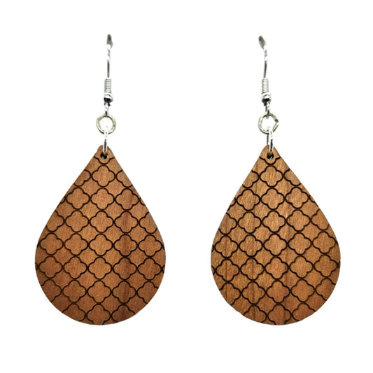 Wholesale Wood Earrings - Fishnet Mermaid Scales Pattern Engraved Teardrop Wood Earrings - Dangle Earrings