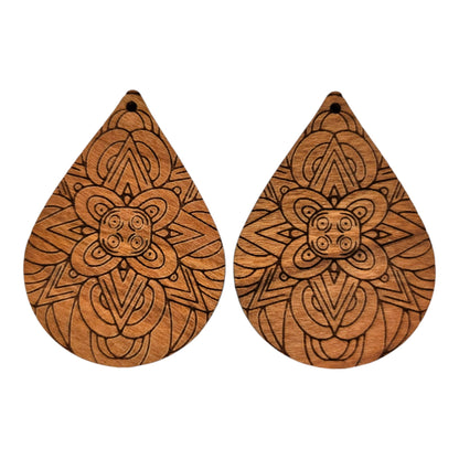 Wood Earrings - Floral Mandala Engraved Teardrop Wood Earrings - Dangle Earrings - Mandala Floral Pattern Gift